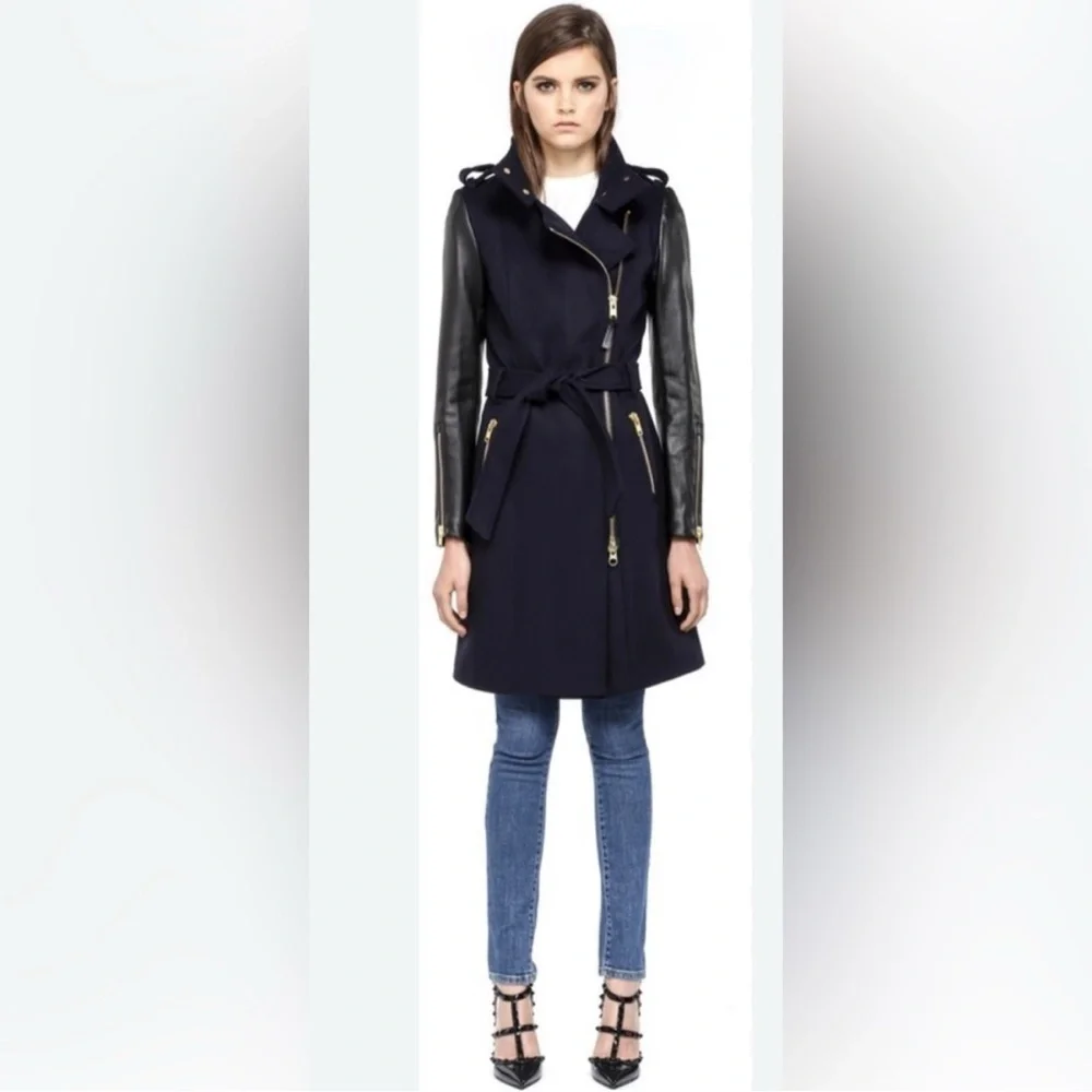 Mackage Dale Black Trench Coat with Leather Sleeves - Picture 4 of 16